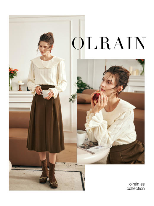 OLrain欧芮儿法式杏色雪纺衫女秋季2023年新款气质翻领别致蕾丝衫 商品图2