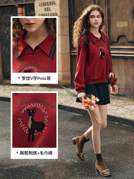 OLrain欧芮儿法式红色卫衣女秋季2023年新款复古设计感套头上衣 商品图2