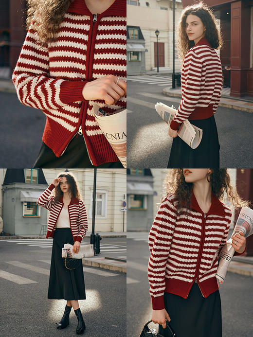 OLrain欧芮儿条纹翻领针织开衫女秋冬2023新款拉链肌理感毛衣外套 商品图1