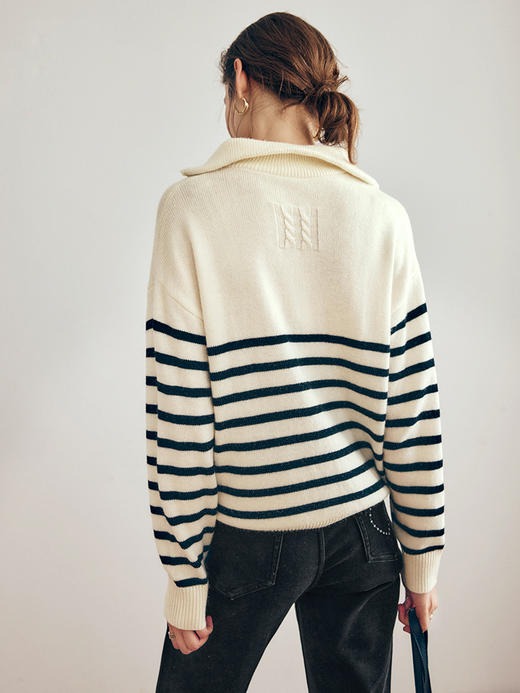 OLrain欧芮儿法式黑白条纹毛衣女秋季2023年新款两穿半拉链针织衫 商品图2