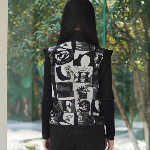 玳莎艺术提花针织背心女2023冬季新款时尚慵懒风宽松V领无袖上衣  DD33001 商品图2