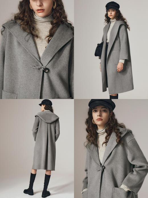 OLrain欧芮儿连帽双面毛呢外套女初秋2023新款高级感收腰长款大衣 商品图1