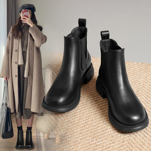 ZHR短靴2023秋冬新款厚底休闲短靴女显瘦靴子便捷套脚切尔西短靴 商品图0