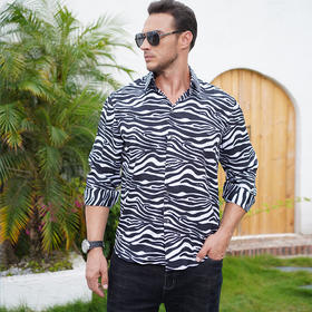 【特大码】【新款DM】大依优型长袖衬衫花衬衫斑马纹男宽松加肥加大码男士休闲商务衬衣上衣胖子