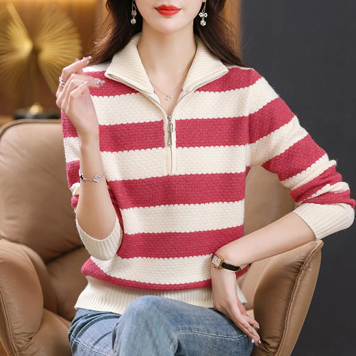 2023年秋冬新款时尚百搭半高圆领条纹拉链毛衣套头短款针织打底衫CC-101-5998 商品图0