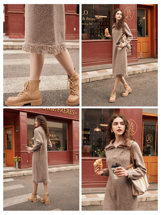 OLrain欧芮儿奶茶色毛衣连衣裙女秋冬2023年新款气质流苏毛织长裙 商品图1