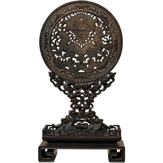 清 玉雕龙纹圆形插屏紫檀透雕云纹座 商品图5