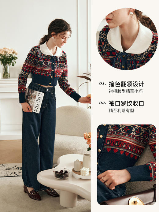 OLrain欧芮儿花色复古针织开衫女春装2025年新款撞色翻领修身毛衣 商品图2