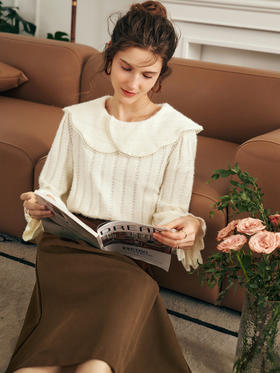 OLrain欧芮儿法式杏色雪纺衫女秋季2023年新款气质翻领别致蕾丝衫