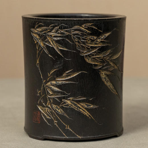 清 紫檀阴刻风竹诗文笔筒 商品图0