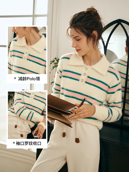 OLrain欧芮儿法式条纹毛衣女春2025年新款时尚宽松polo领套头衫 商品图2