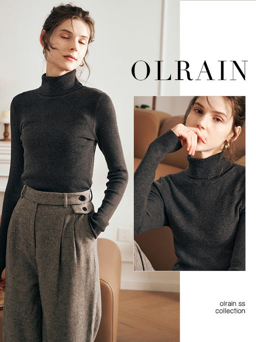 OLrain欧芮儿法式杏白色套头针织衫秋2025新款百搭高领显瘦打底衫 商品图2