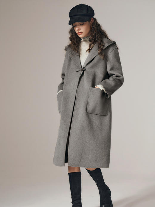 OLrain欧芮儿连帽双面毛呢外套女初秋2023新款高级感收腰长款大衣 商品图0