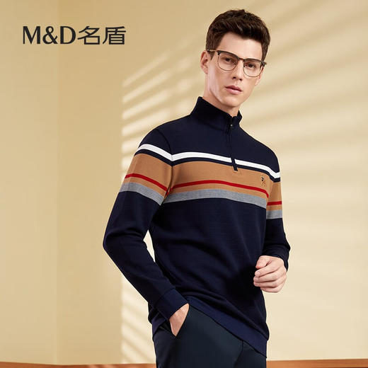 【名盾】MD名盾男士立领长袖上衣纯棉商务休闲撞色条纹针织衫11582 商品图2