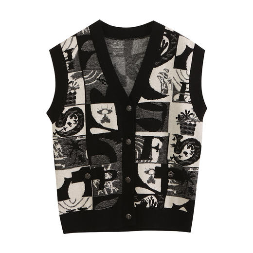 玳莎艺术提花针织背心女2023冬季新款时尚慵懒风宽松V领无袖上衣  DD33001 商品图4