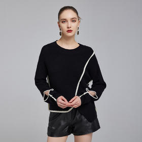 NG643斯尔丽2023秋季新款设计感撞色边不对称显瘦百搭圆领毛衫上衣