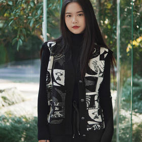 玳莎艺术提花针织背心女2023冬季新款时尚慵懒风宽松V领无袖上衣  DD33001