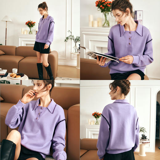 OLrain欧芮儿香芋紫加绒卫衣女秋季2023年新款时尚宽松设计感上衣 商品图1