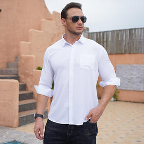 【特大码】【新款DM】大依优型纯色长袖衬衫三防衬衫口袋男宽松加肥加大码男士休闲商务衬衣上衣胖子净版
