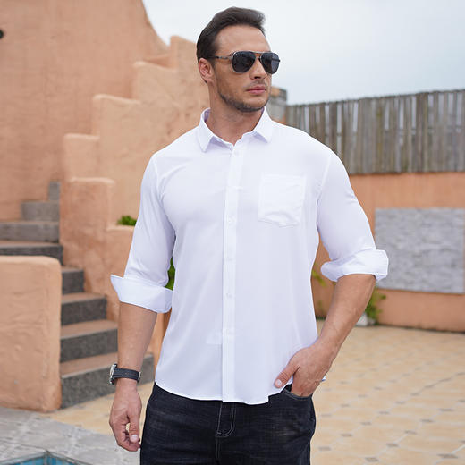 【特大码】【新款DM】大依优型纯色长袖衬衫三防衬衫口袋男宽松加肥加大码男士休闲商务衬衣上衣胖子净版 商品图0