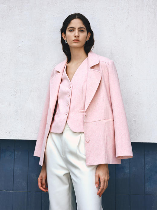 柔和粉色 羊毛混涤斜纹花纱分割廓形西装FO474923N 商品图0