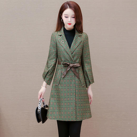格纹中长款时髦洋气女士外套，秋冬款收腰修身优雅气质风衣QYM-XQD-2C23178-L 商品图0