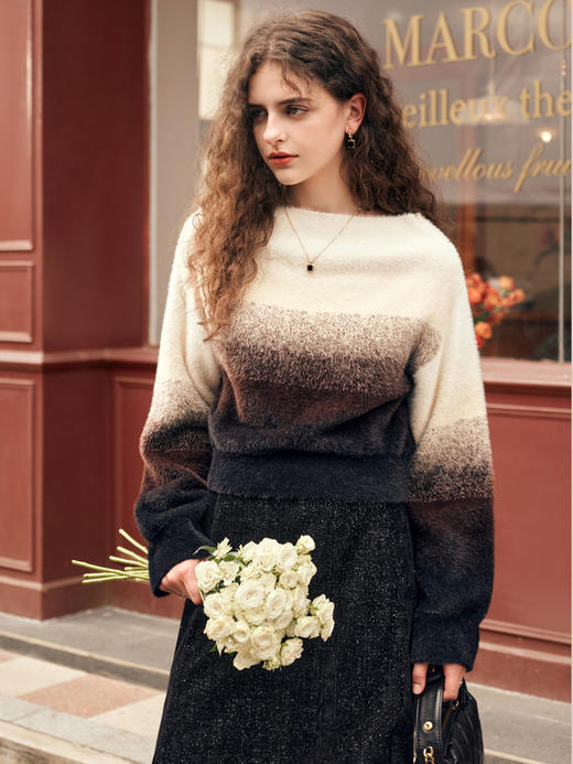 OLrain欧芮儿咖色软糯毛衣女秋冬2023新款渐变仿貂宽松毛织套头衫 商品图0