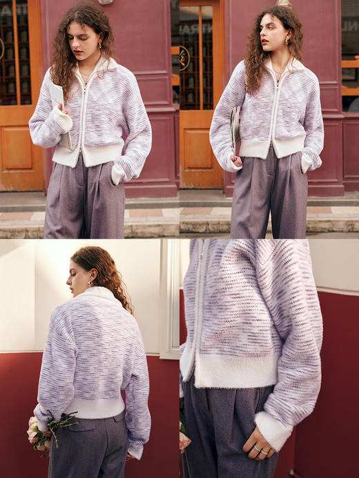 OLrain欧芮儿紫色开衫毛衣女秋冬2023年新款双向拉链宽松毛织外套 商品图1