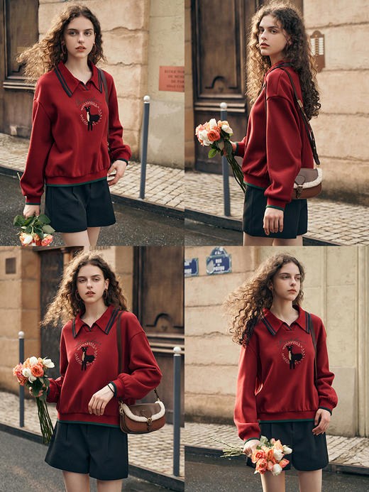 OLrain欧芮儿法式红色卫衣女秋季2023年新款复古设计感套头上衣 商品图1