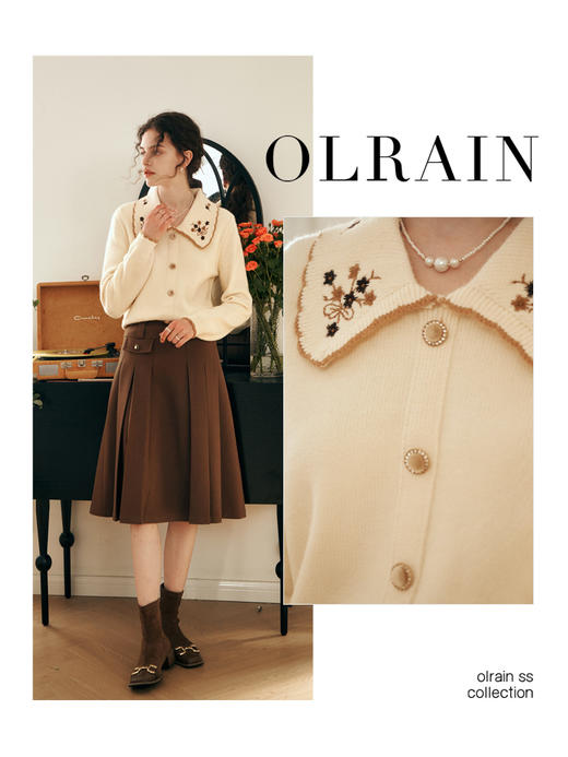 OLrain欧芮儿法式杏黄色毛衣女早春2025年新款复古宽松娃娃领上衣 商品图2