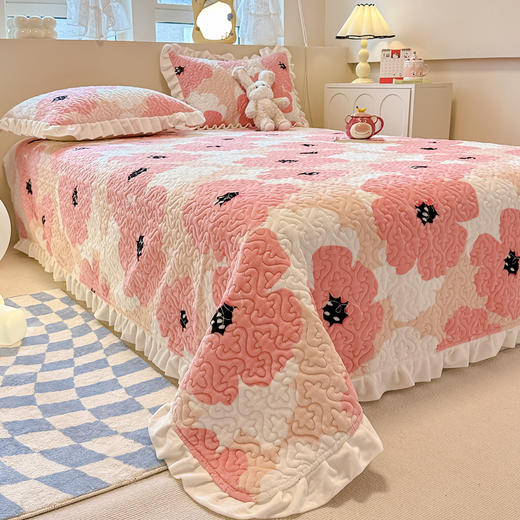 【下架】自然醒牛奶绒花边夹棉床盖冬季保暖珊瑚法兰绒榻榻米防滑加厚床单三件套炕单JY 商品图4