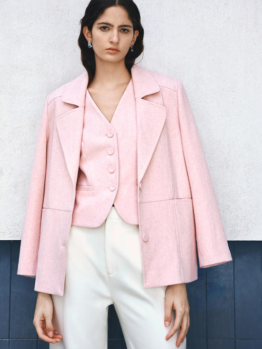 柔和粉色 羊毛混涤斜纹花纱分割廓形西装FO474923N 商品图1