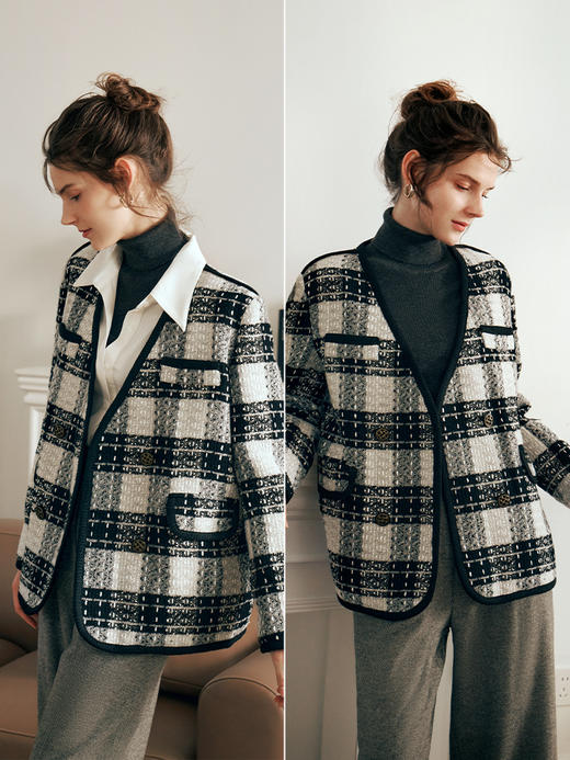 OLrain欧芮儿黑白色小香风短外套女春2025新款气质慵懒毛呢外套 商品图3