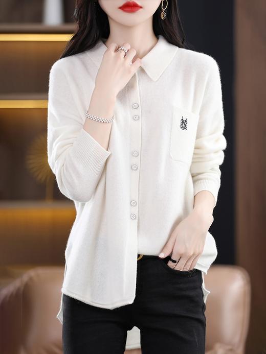 秋冬新款针织纯羊毛开衫，女衬衣领刺绣带兜毛衣外套显瘦打底衫上衣QP-SN2049 商品图3