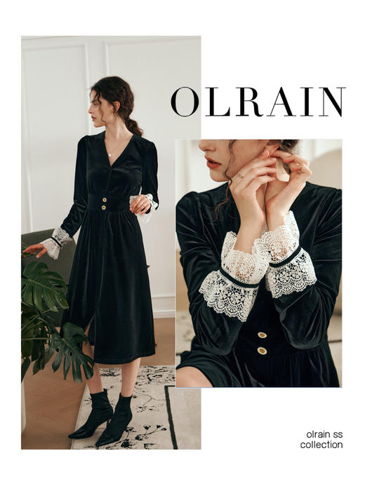 OLrain欧芮儿法式黑色连衣裙女春2025年新款气质V领显瘦裙子 商品图2