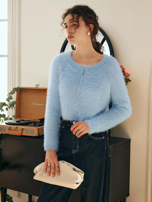 OLrain欧芮儿法式水蓝色毛衣女早春2025新款时尚修身显瘦短款外套 商品图0