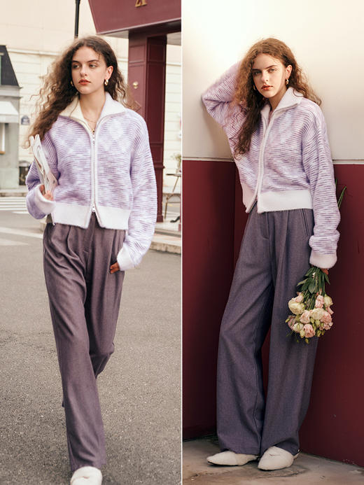 OLrain欧芮儿紫色开衫毛衣女秋冬2023年新款双向拉链宽松毛织外套 商品图3