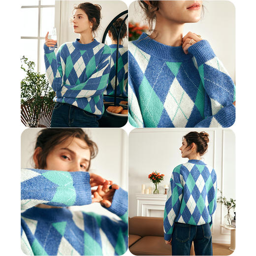 OLrain欧芮儿蓝色软糯毛衣女秋冬2023新款宽松菱格提花毛织套头衫 商品图1