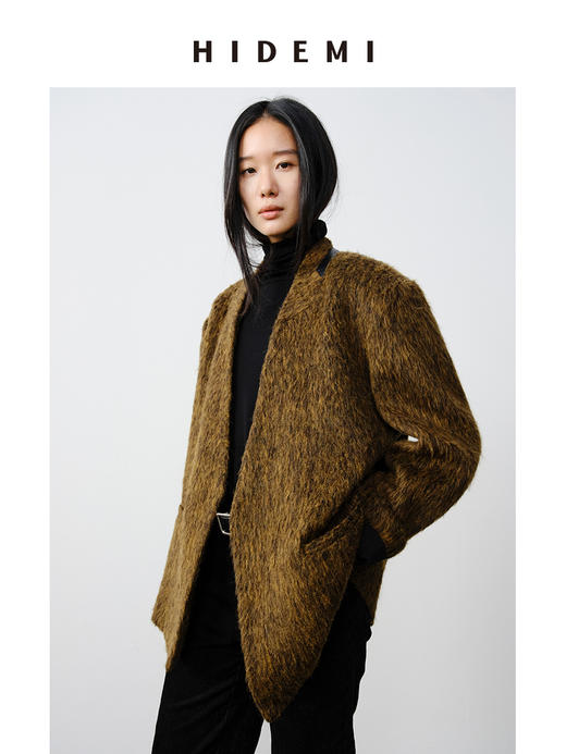 HIDEMI alpaca长毛羊驼毛苏力无领式垫肩一粒扣西装大衣 长款/短款 商品图11