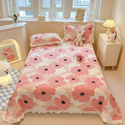 【下架】自然醒牛奶绒花边夹棉床盖冬季保暖珊瑚法兰绒榻榻米防滑加厚床单三件套炕单JY 商品图1