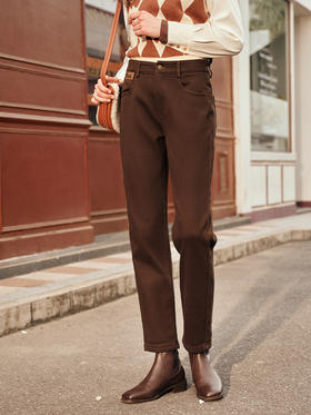 OLrain欧芮儿咖色直筒牛仔裤女秋冬2023年新款时尚百搭加绒烟管裤