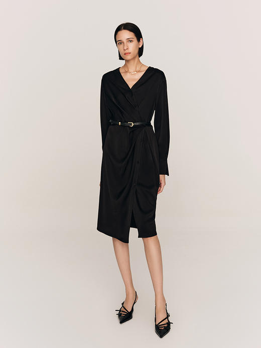 年会必备 三醋酸混纺V领褶皱收腰连衣裙FD477323N 商品图0