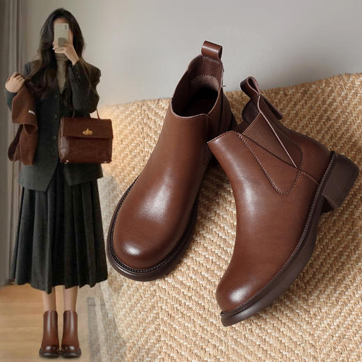 ZHR短靴2023秋冬新款厚底休闲短靴女显瘦靴子便捷套脚切尔西短靴 商品图4