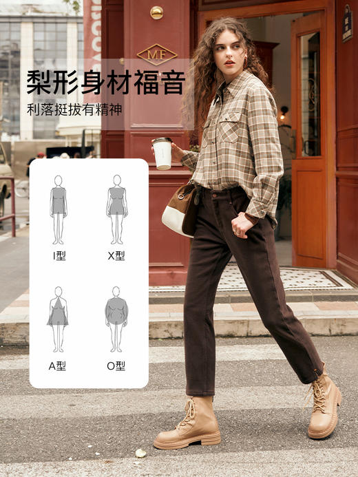 OLrain欧芮儿咖啡色直筒牛仔裤女秋冬2023新款百搭弹力加绒烟管裤 商品图1