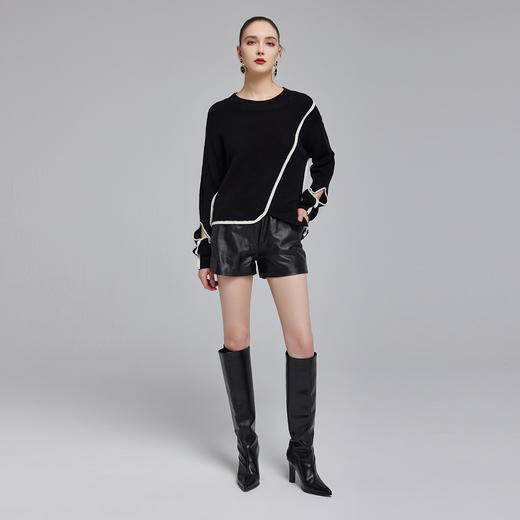 NG643斯尔丽2023秋季新款设计感撞色边不对称显瘦百搭圆领毛衫上衣 商品图3