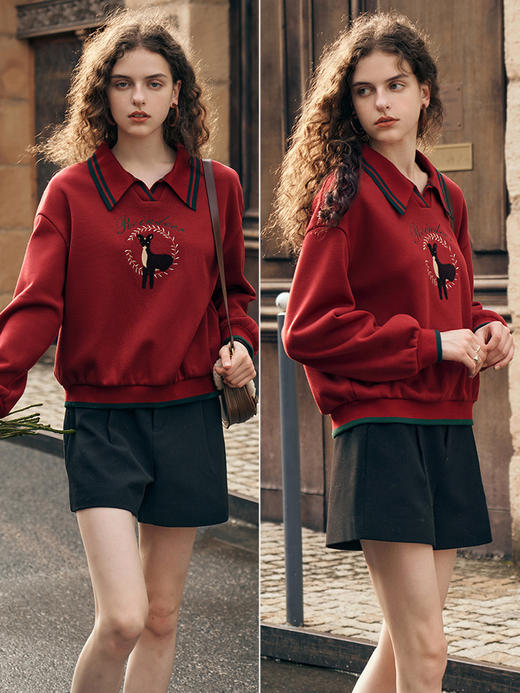 OLrain欧芮儿法式红色卫衣女秋季2023年新款复古设计感套头上衣 商品图3