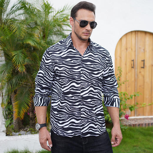 【一口价】【特大码】【新款DM】大依优型长袖衬衫花衬衫斑马纹男宽松加肥加大码男士休闲商务衬衣上衣胖子 商品图3