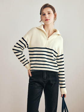 OLrain欧芮儿法式黑白条纹毛衣女秋季2023年新款两穿半拉链针织衫