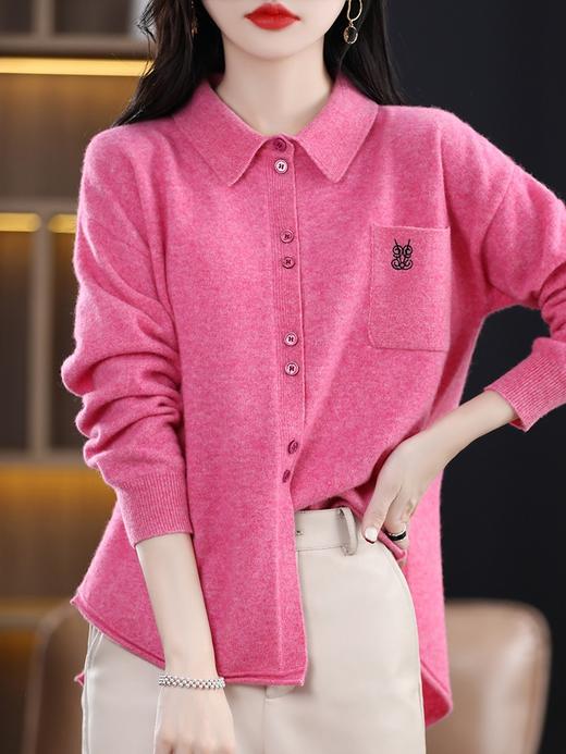 秋冬新款针织纯羊毛开衫，女衬衣领刺绣带兜毛衣外套显瘦打底衫上衣QP-SN2049 商品图0