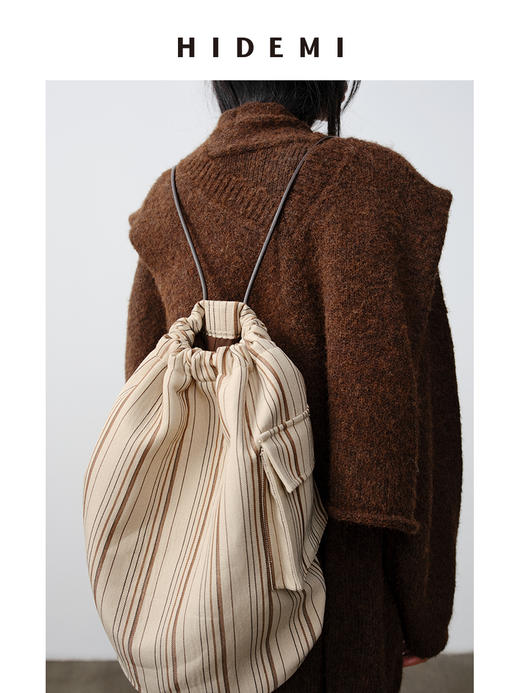 HIDEMI BOYBAG小男孩系列口袋双肩包 黑色环保皮/条纹帆布 商品图7